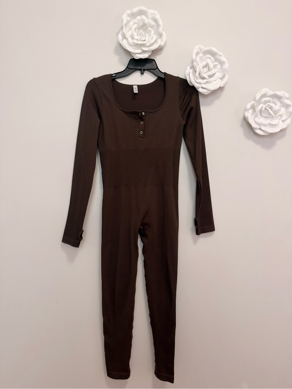 Long-Sleeve Brown Ribbed Bodysuit Jumpsuit